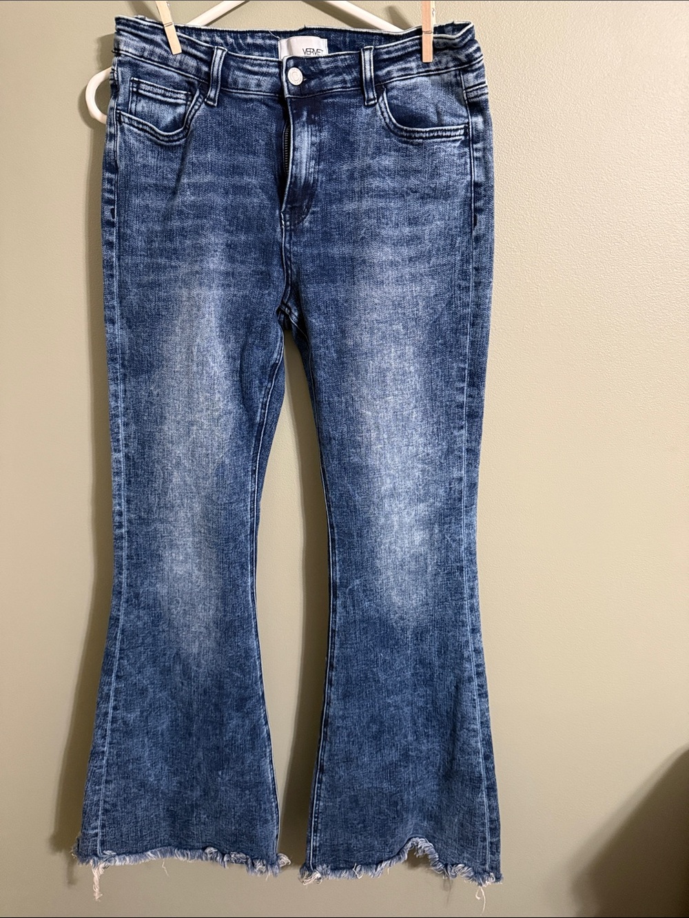 Vervet Dark Blue Washed Flare Jeans with Frayed Hem